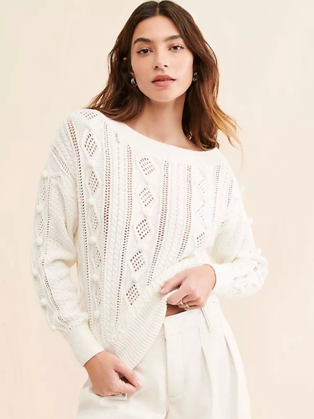 Anthropologie ONA Boat Neck Cable Knit Sweater Ivory Sz M Pom Pom Sweater Cable